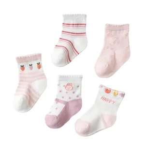 Schattige baby sokken set katoen ademend roze wit cartoon pasgeboren peuter sokken 5 paar