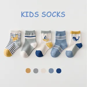 Chaussettes Mi-Mollet en Coton pour Enfants Mignonnes Animal Dessin Animé Marin Rayées Respirantes Confortables Quotidiennes Garçons et Filles