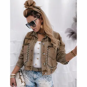 Damen Vintage Gewaschene Denim Jacke Lässig Langarm Revers Niete Kurze Oberbekleidung Streetwear Chic Knopfleiste Mantel