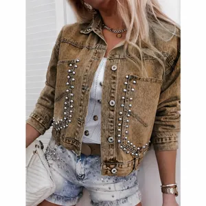 Waschung Damen Jeansjacke mit stylischen Nieten und klassischem Reverskragen Design.