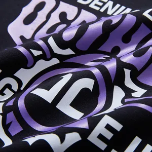 Black cotton hoodie with stylish purple white letter print, soft fabric and cozy fit.