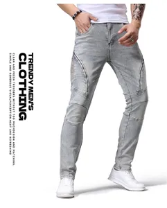 Vaqueros elásticos de motorista para hombre con diseño de patchwork de cremallera y estilo.