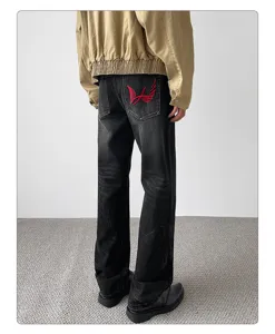 Men's American vintage washed loose casual denim jeans with back embroidery detail.