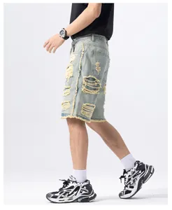 Heren destroyed denim shorts lichte wassing zomer casual losse streetwear knielengte