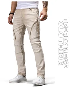 Jeans de motorista elásticos retro para hombre color albaricoque patchwork cremallera