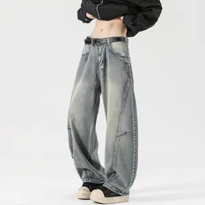 Vintage washed baggy men casual denim jeans with retro aesthetic straight leg streetwear style.