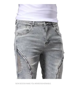 Vaqueros de hombre azul claro retro elásticos con cremallera patchwork estilo motero