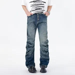 Men's Vintage Washed Blue Wave Pleated Flared Jeans Casual Slim Fit Button Fly Stacked Denim Pants