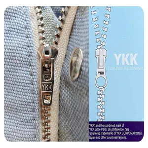 Close-up detail shot of the durable metal YKK zipper on stylish denim shorts, exquisite hardware.