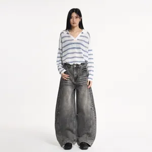 Jean Rétro Américain Lavé Usé Jambes Larges pour Femmes Pantalon en Denim de Coton Ample Décontracté