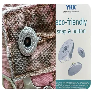 Detailed view of pink plaid fabric garment with metallic snap button and YKK eco-friendly hardware.