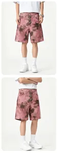Men pink tie-dye denim shorts casual streetwear five-point pants with metal dagger buttons