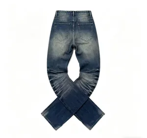 Men's blue distressed flare jeans street style slim fit denim pants detailed back view