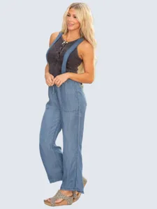 Detail view of casual women's tencel denim overall wide leg pants, comfortable daily wear style.