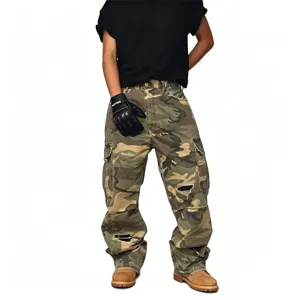 Men's camouflage cargo pants street style loose fit distressed multi-pocket trousers.