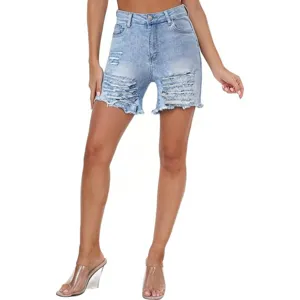 Femmes Taille Haute Déchiré Denim Shorts Casual Slim Fit Bord Brut Coton Short Été Streetwear