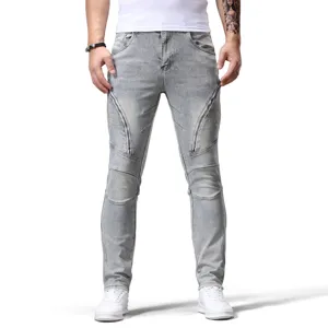 Vaqueros de Denim Elástico Retro para Hombre Pantalones de Moto Casuales de Corte Recto con Detalles de Cremallera