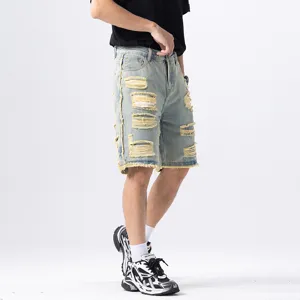 Heren lichtblauwe versleten denim korte broek casual losse streetwear hippe jeans broek