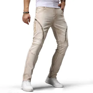 Jeans Biker para Hombre Albaricoque Stretch Slim Fit Pantalón de Denim con Cremallera
