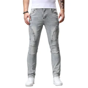 Vaqueros Hombre Retro Cremallera Patchwork Stretch Denim Estilo Moto Pantalon