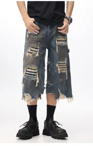 Pantaloncini in denim strappato da uomo, stile streetwear americano, vestibilità comoda.