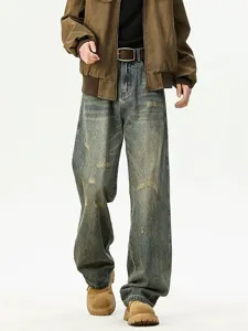 Mens vintage distressed wide leg straight jeans casual streetwear denim trousers bottom