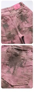 Pink distressed wash denim shorts featuring classic cross embossed back leather patch and pockets.
