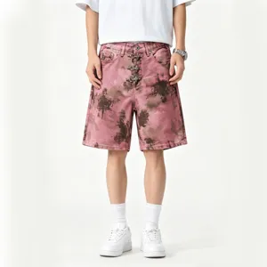 Men's loose pink denim shorts casual streetwear vintage five-point shorts with metal buckles