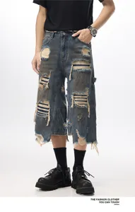 Pantaloncini di jeans vintage strappati stile streetwear americano per uomo, baggy larghi.