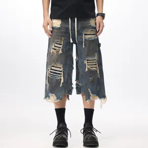 Jeans Sporchi Strappati da Uomo Stile Americano High Street Vestibilità Larga Dritta Casual Pantaloni in Denim Corti Vintage Streetwear