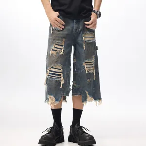 Pantaloncini jeans strappati da uomo streetwear casual larghi dritti con toppe alla moda