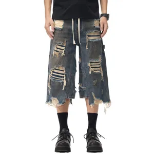 Pantaloncini Denim Baggy Strappati Uomo Casual Loose Streetwear Vintage Washed Jorts Blu
