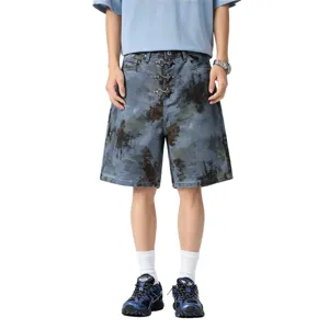 Loose fit blue denim shorts with vintage print and front metal clasp details for streetwear.