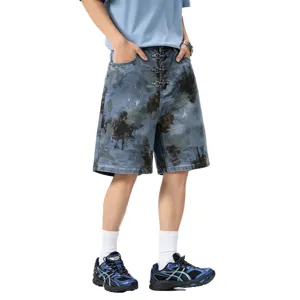 Men's loose denim shorts featuring stylish camo wash and metal ring closures for casual streetwear.