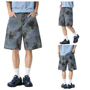 Men's loose blue denim shorts casual streetwear tie-dye five-point pants with hooks new.