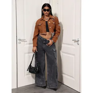 Dames cropped distressed denim jas lichtbruin stijlvolle casual lange mouw top