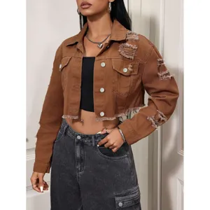 Dames lichtbruine korte verwassen denim jas met klassieke reverskraag casual basiskleding.