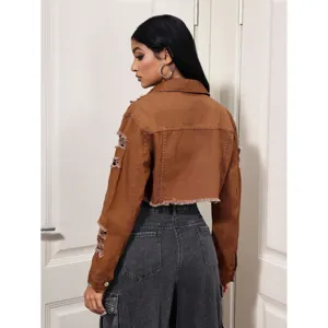Dames lichtbruine korte spijkerjas cropped denim jasje met scheuren casual mode