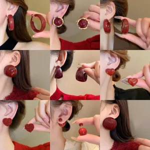 Vintage Ankara Red Alloy Hoop Earrings For Women Elegant Autumn Winter Artificial Pearl Stud Earrings Luxury Fashion Jewelry