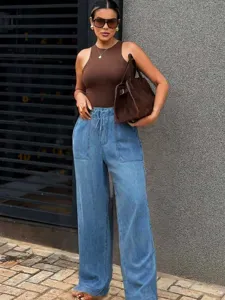 Women high waist wide leg denim jeans casual loose streetwear denim trousers with sleeveless top