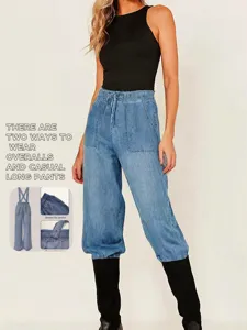 Versatile women's denim overalls and casual long pants with removable straps and deep pockets.