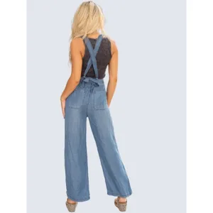 Women casual denim overalls wide-leg pants high waist light blue suspender trousers