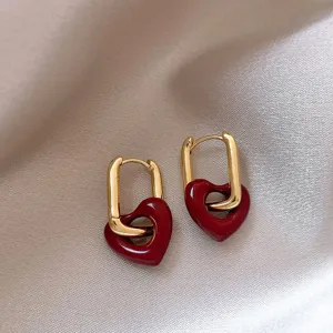Retro style Ancora red heart earrings with gold metal links, chic autumn winter fashion jewelry.