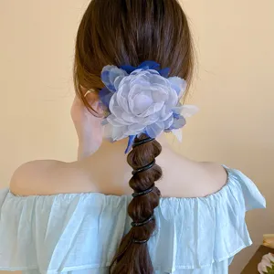 Blauwe mesh bloem haarelastiek, stijlvolle paardenstaart houder voor dames haar accessoires.