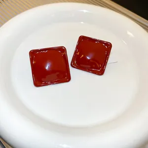 Vintage ankora red square earrings glossy geometric studs chic fashion jewelry gifts for women