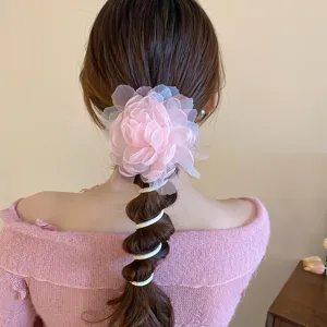 Charmante mesh bloem haarelastiek met bubbelvlecht stijl, elegant Koreaans haartoebehoor voor vrouwen.