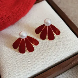 Vintage red enamel fan shaped pearl earrings elegant autumn winter fashion jewelry niches