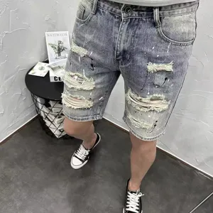 Men's distressed denim shorts high street casual stretch five-point pants summer detail
