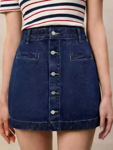 Damen dunkelblaue Jeans Minirock hohe Taille einreihiger Knopf kurzer Sommer Rock