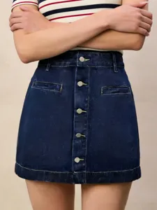 Damen Jeans Minirock dunkelblau Knopfleiste Taille Sommer Freizeit Streetwear Kleidung